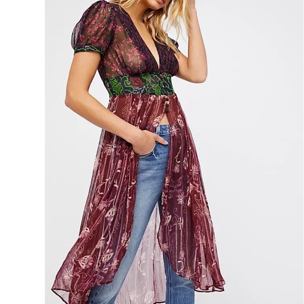 Free People Daisy Fields Maxi Top Duster Sheer Floral Mix Print Chiffon Large